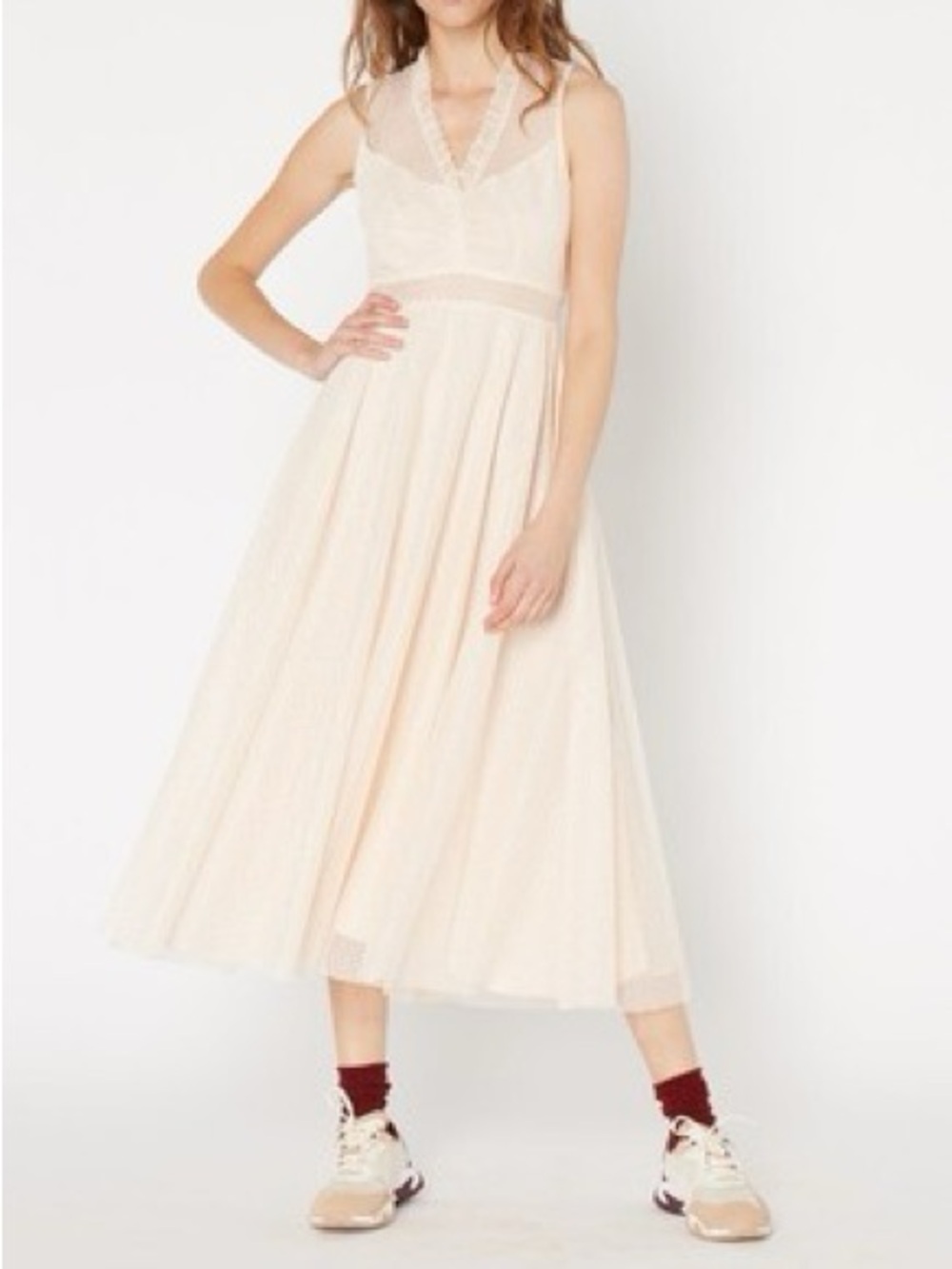 Sandro NWT Cassy Mesh Lace A-Line Midi Dress V-Neck Womens Size 6 (38)